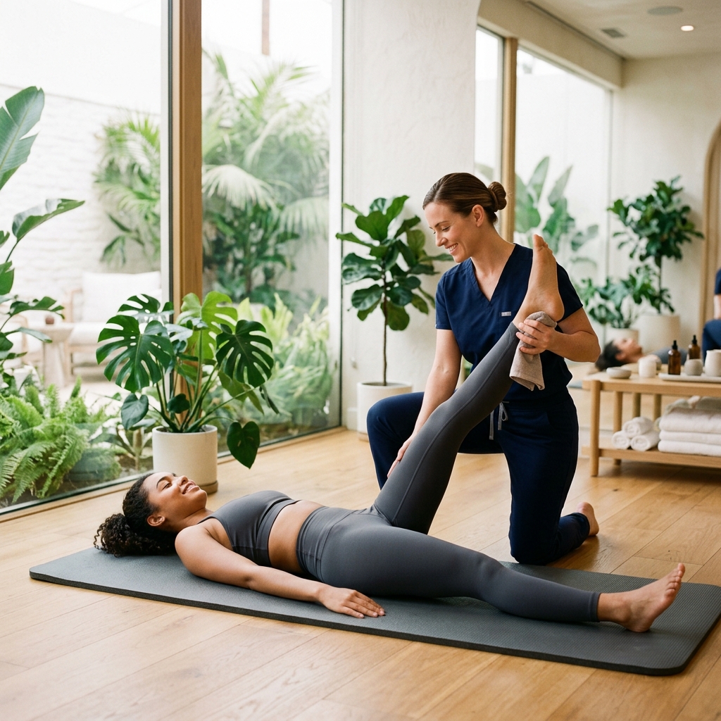 Stretch therapy session with woman client